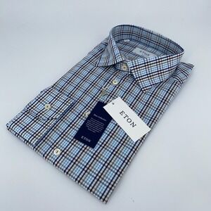 Eton Dress Shirt Men XL 17 1/2 - 44 Multi Plaid Poplin Slim Collared Button Up